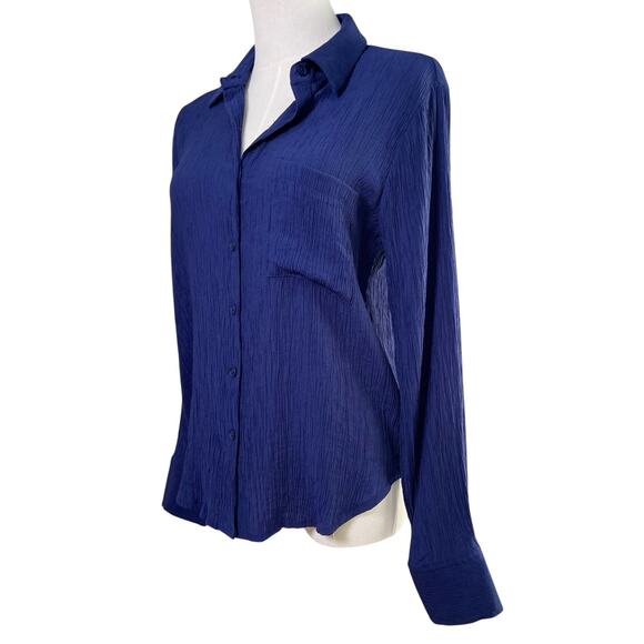 50th Street Petite Navy Blue Crinkle Long Sleeve Button Front Blouse Size PS - Picture 8 of 11